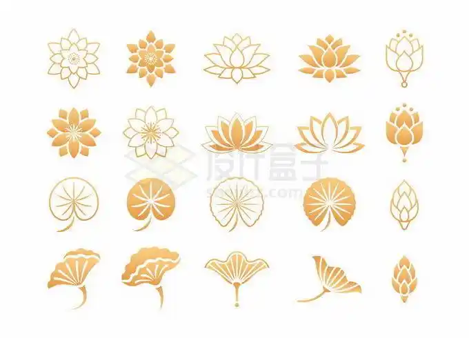 各种中国风金色莲花荷叶图案5050364矢量图片免抠素材 - 设计盒子