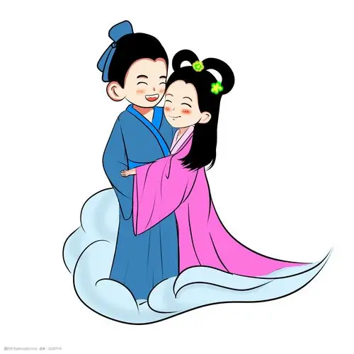 手绘卡通七夕情人节牛郎织女深情对望免抠图片