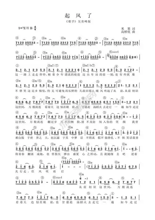 歌曲简谱吴青峰起风了歌手版简谱和弦功能谱流行弹唱网起风了古筝谱