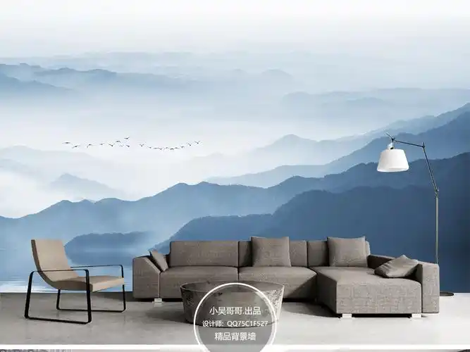 新中式意境远山水墨山水画电视沙发背景墙