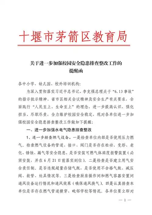 关于进一步加强校园安全隐患排查整改工作的提醒函