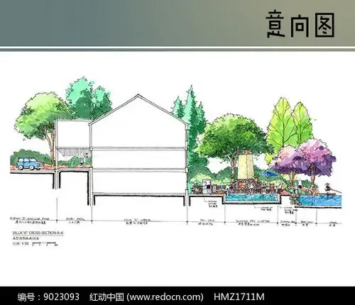 别墅庭院手绘剖面图