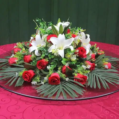 新中式转盘桌花酒店圆桌仿真花餐桌圆形大摆装饰摆件台宴会假花仿