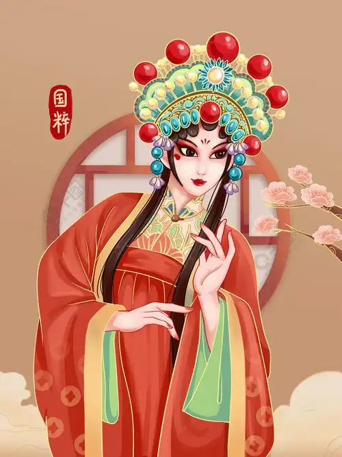 国潮中国红京剧花旦人物手绘插画