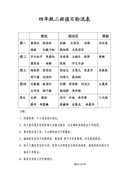 四年级二班值日轮流表