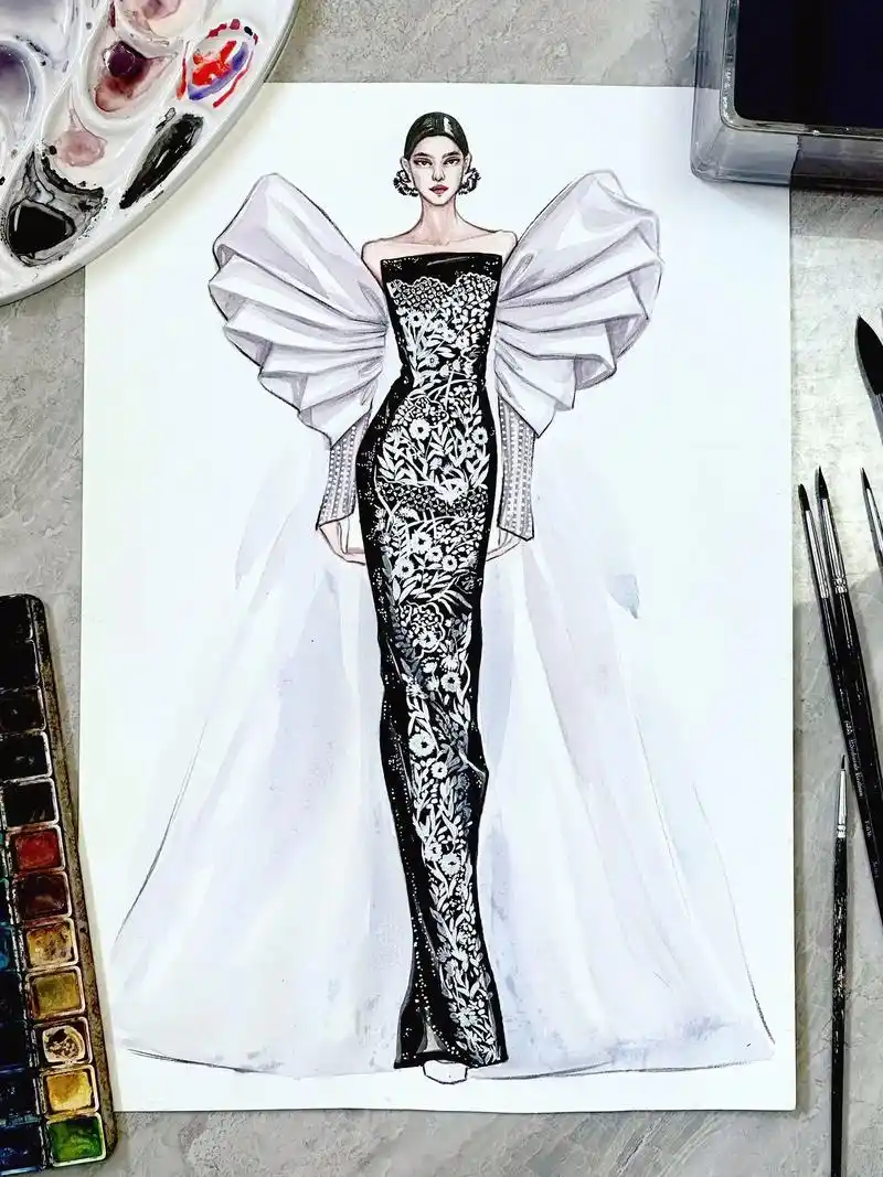 水彩时装画国风礼服来自盖娅传说94.#服装设计 #图文伙伴计 - 抖音