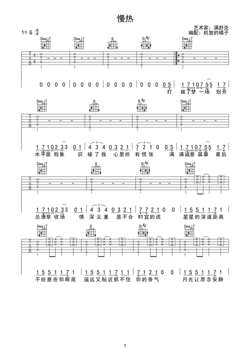 慢热吉他谱 满舒克-彼岸吉他 - 一站式吉他爱好者服务平台