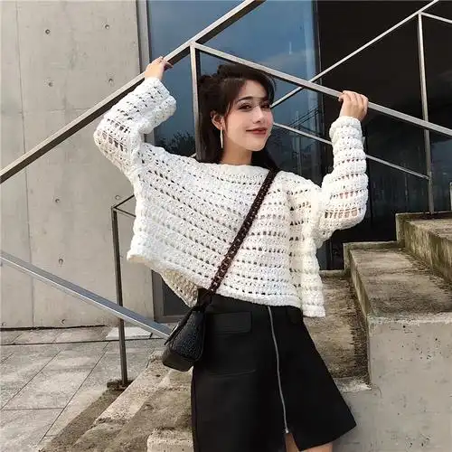 慵懒风套头毛衣女春宽松短款镂空针织上衣韩版学生外穿鱼网衫罩衫