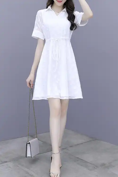实拍2020夏装新款短款白色雪纺衬衫连衣裙女温柔风小个子仙女短裙