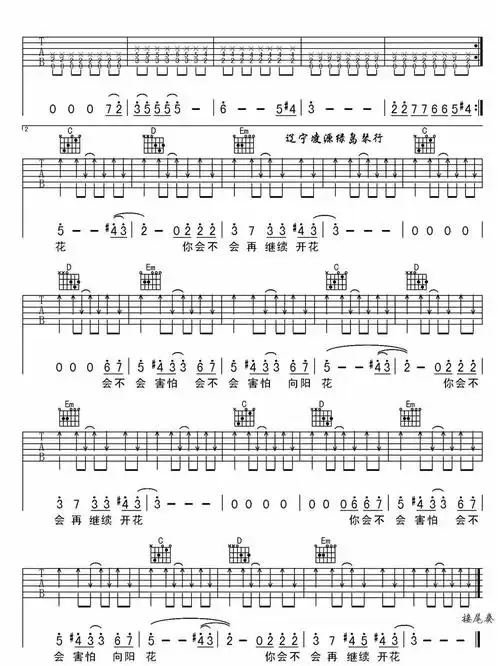 向阳花吉他谱c调谢天笑高清版六线谱
