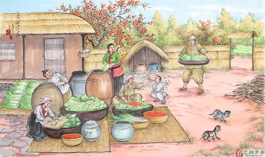 朝鲜一级艺术家蔡国四尺民俗画《做泡菜》