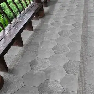 中式灰色户外庭院露台特色印花浮雕六角砖防滑水泥砖室外院子地砖