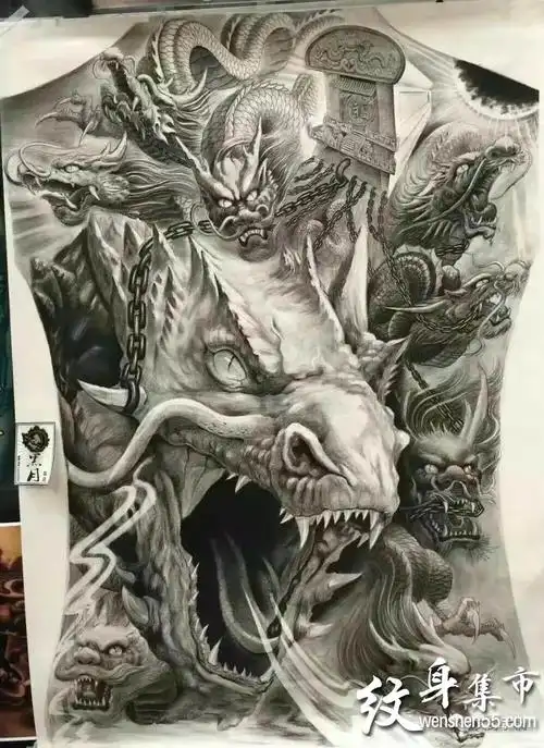 满背九龙拉棺纹身,满背九龙拉棺纹身手稿图案