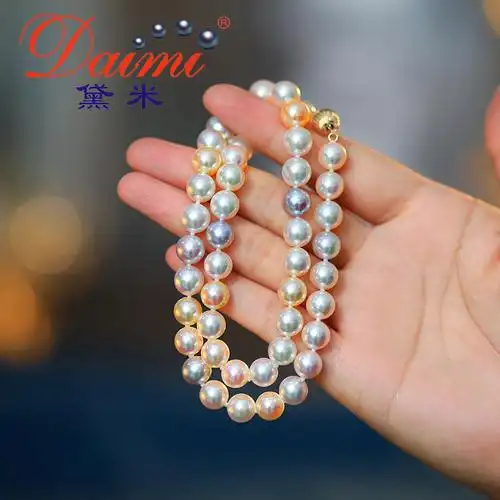 黛米珠宝 彩君 8.5-9mm正圆糖果色日本akoya海水珍珠项链女g14k金