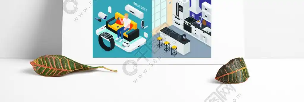 智能家居概念4等距组成与厨房浴室电视物联网智能手机smartwatch控制