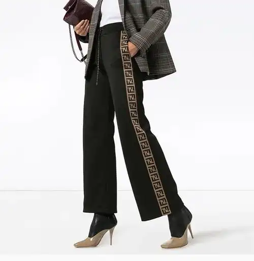 fendi/芬迪 19秋冬 女士黑色棉质混纺时尚侧面logo标识长裤直筒裤休闲