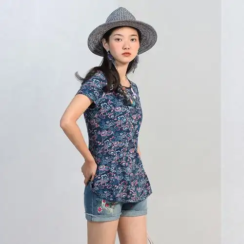 渔牌女装短袖2020年新款弹力收腰修身印花针织t恤