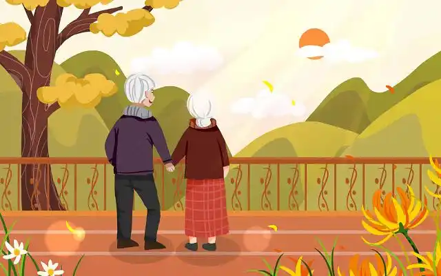 重阳节老人看夕阳背影场景插画