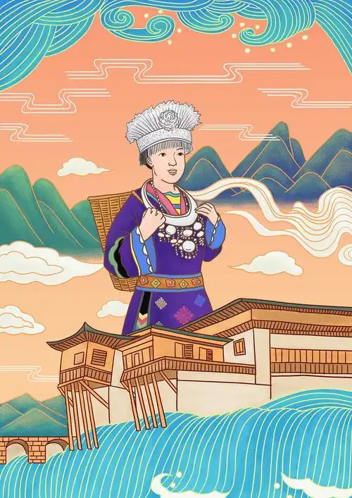 文化七色鹿插画古代宣纸制作工艺图标签苗族吊脚楼风水桥梯田风车作品