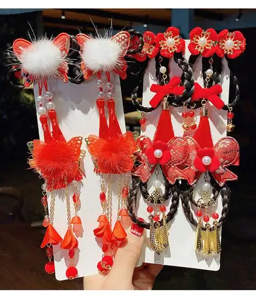 古风大红花朵发饰女孩假发辫子汉服头饰中国风女古装流苏发夹新年发卡