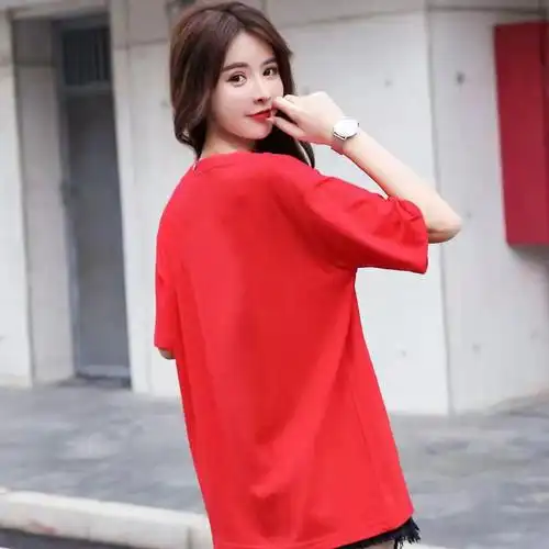 夏季新年红色衣服宽松半袖ins潮少女百搭体恤衫女士夏装打底衫上衣