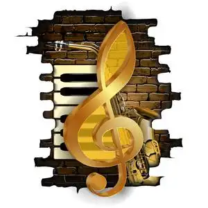 旧砖墙上的金色高音谱号照片