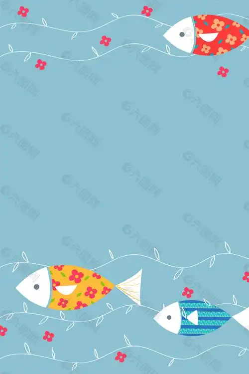 矢量卡通可爱小鱼花朵蓝色商业广告海报背景