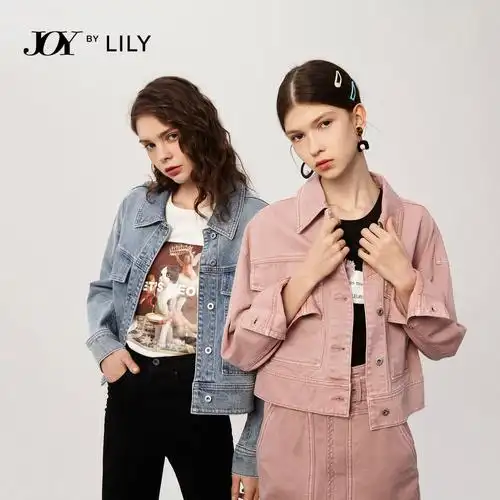 lily2020新款女装多色截短开襟夹克宽松落肩牛仔短外套