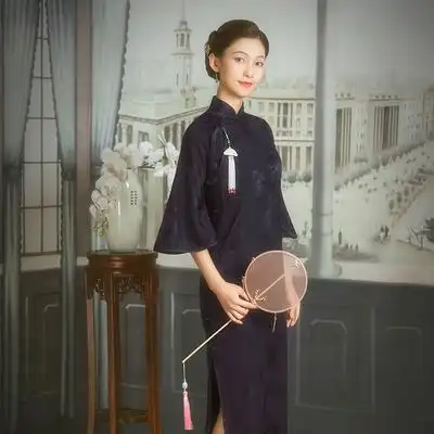 红馆真丝女桑蚕丝春季手工复古民国倒大袖长款长袖继芳旗袍