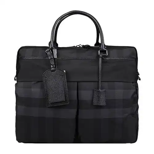 burberry/博柏利 男士黑色格纹牛皮经典手提包斜背式拉链公文包