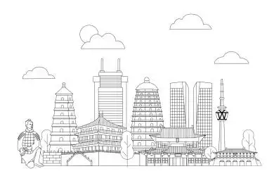 西安城市建筑黑白线条矢量插画