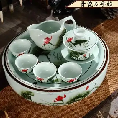 高档青瓷荷花潮汕功夫茶具套装陶瓷工夫茶家用小套瓷茶台盖碗