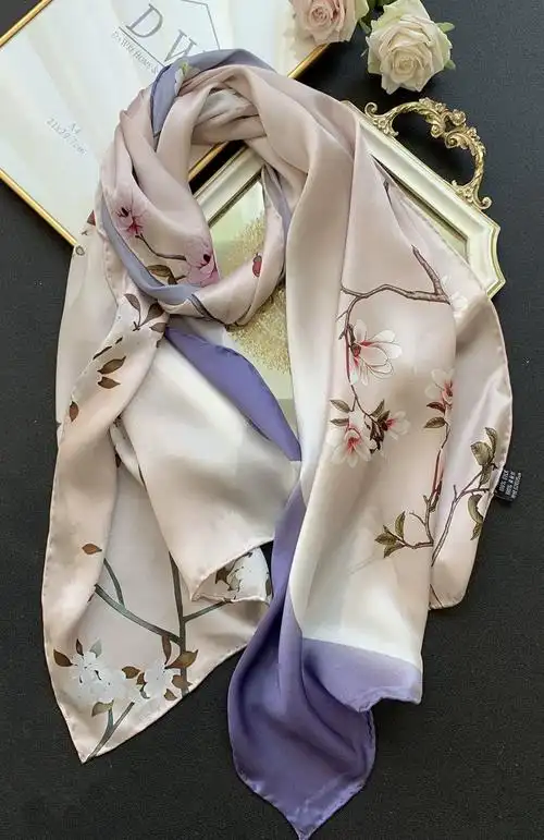 真丝丝巾女百搭桑蚕丝围巾女士长款妈妈披肩两用杏花高档礼盒装
