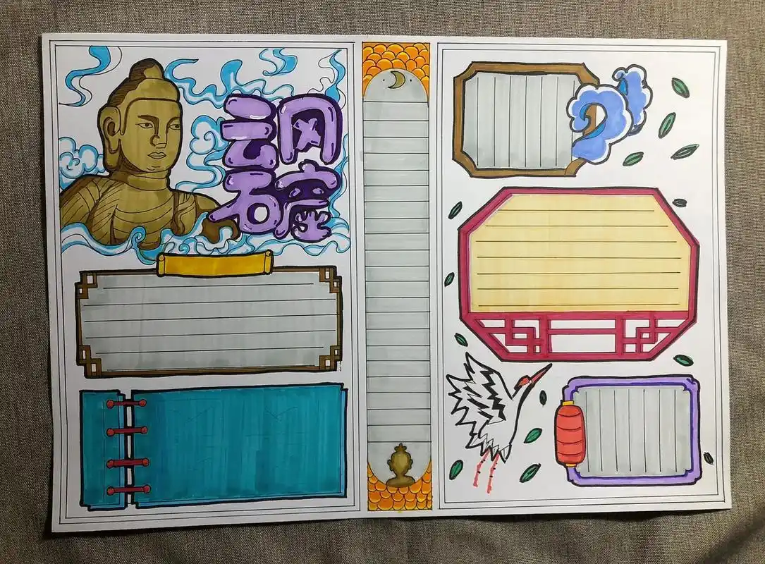 马克笔手抄报-《云冈石窟》主题 尺寸:a3; 马克笔:touch mark动漫80色