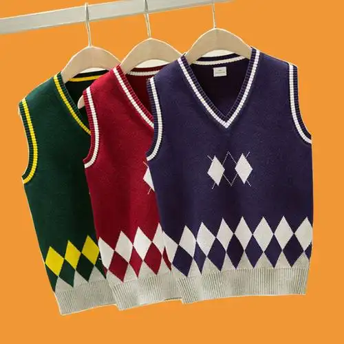 毛线针织_韩版儿童菱形毛衣背心毛线针织马甲男宝宝小男孩上衣学生