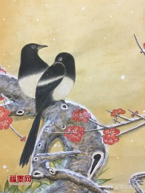 中国传统字画赏析 古人认为鹊能报喜,故称喜鹊或报喜鸟,两只喜鹊即