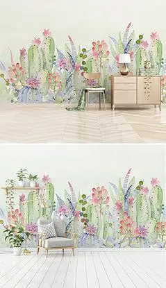 简约手绘美式田园仙人掌客厅电视背景墙