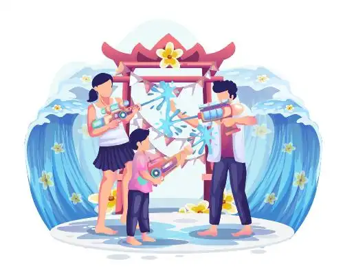 创意卡通家族人物泼水节节日矢量素材