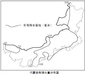读内蒙古自治区年降水量分布图,回答33-35题.
