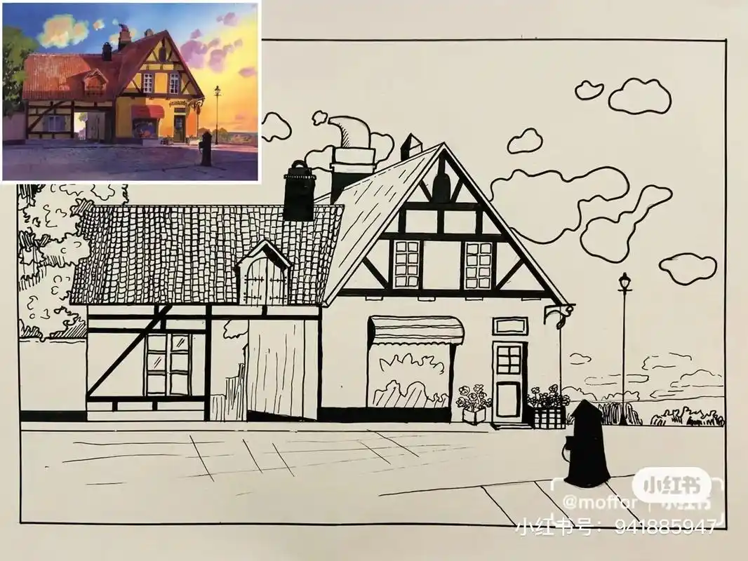 黑白简笔画魔女宅急便面包房