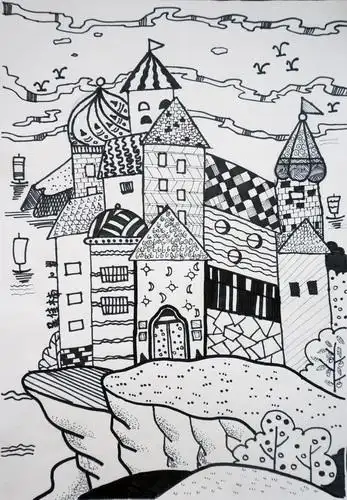 作品名称:《城堡》作者姓名: 吴佳楠作者年龄:9岁岁作品类别: 线描奖