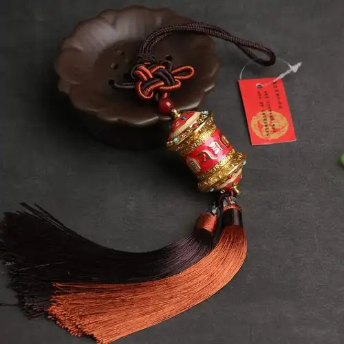 藏传佛教后视镜汽车真言六字密宗转经筒吉祥结转中国结车挂