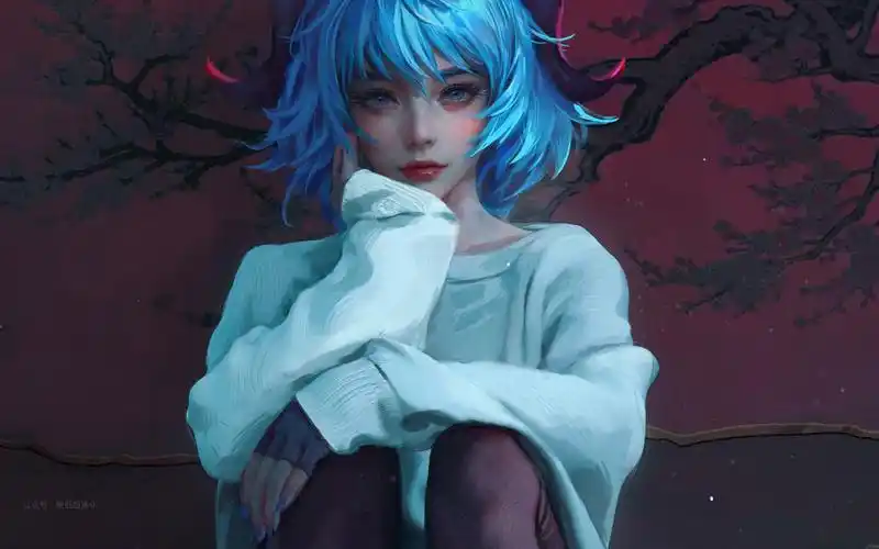 蓝色短发动漫女生高清电脑壁纸