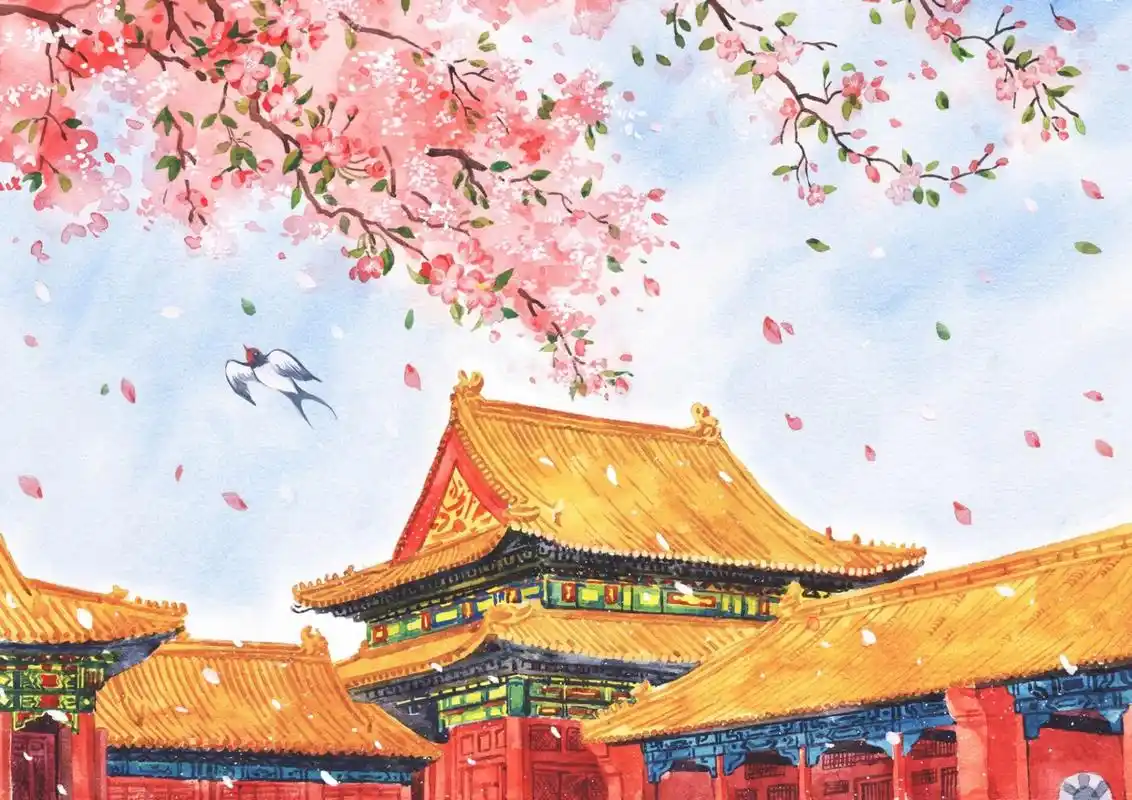《故宫·春》水彩手绘插画
