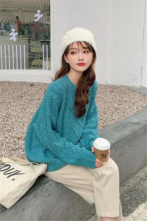 麻花毛衣女冬加厚2020秋季新款慵懒风宽松套头圆领中长款上衣