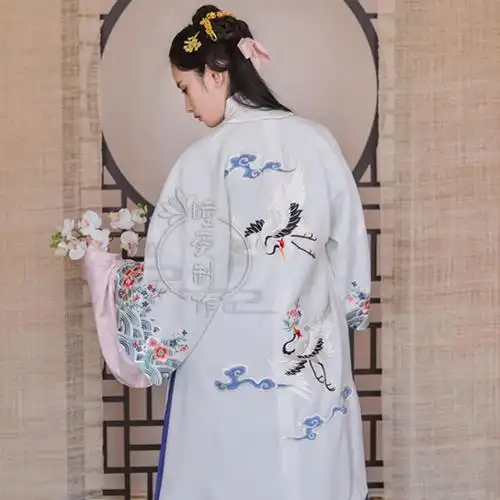 瞳莞汉服圆领半袖云水粉色民族服装