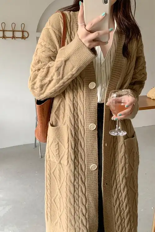 超长毛衣外套女秋冬季麻花百搭韩版慵懒风宽松加厚中长款针织开衫