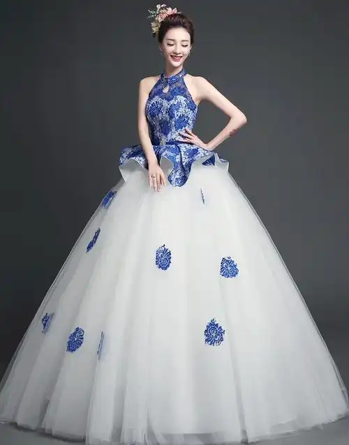 青花瓷套系鱼尾拖尾宴会晚会走秀t台夸张礼服演出