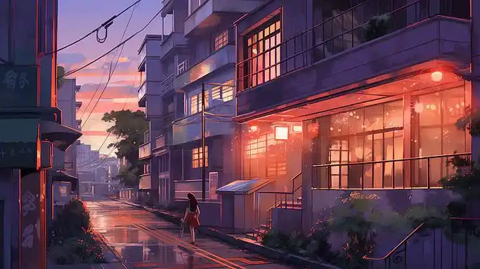 街景系列 i>黄 /i> i>昏 /i>治愈系动漫风街道街景手绘插画