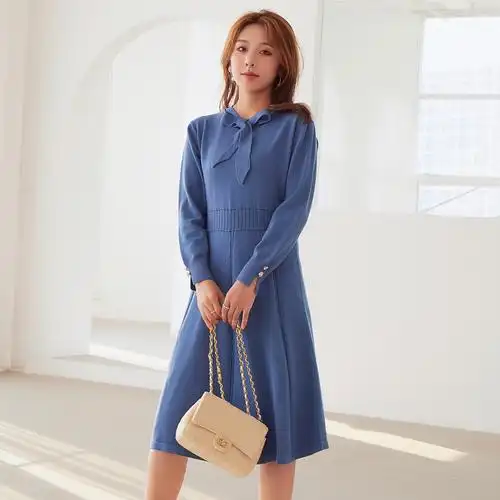 连衣裙女2019新款秋冬季女装显瘦长袖长款过膝纯色针织蝴蝶结裙子